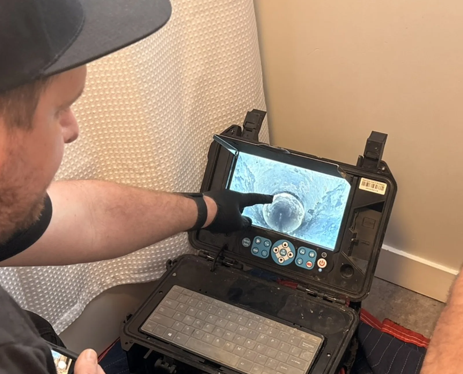 Plumber pointing at a pipe image on a drain camera monitor.