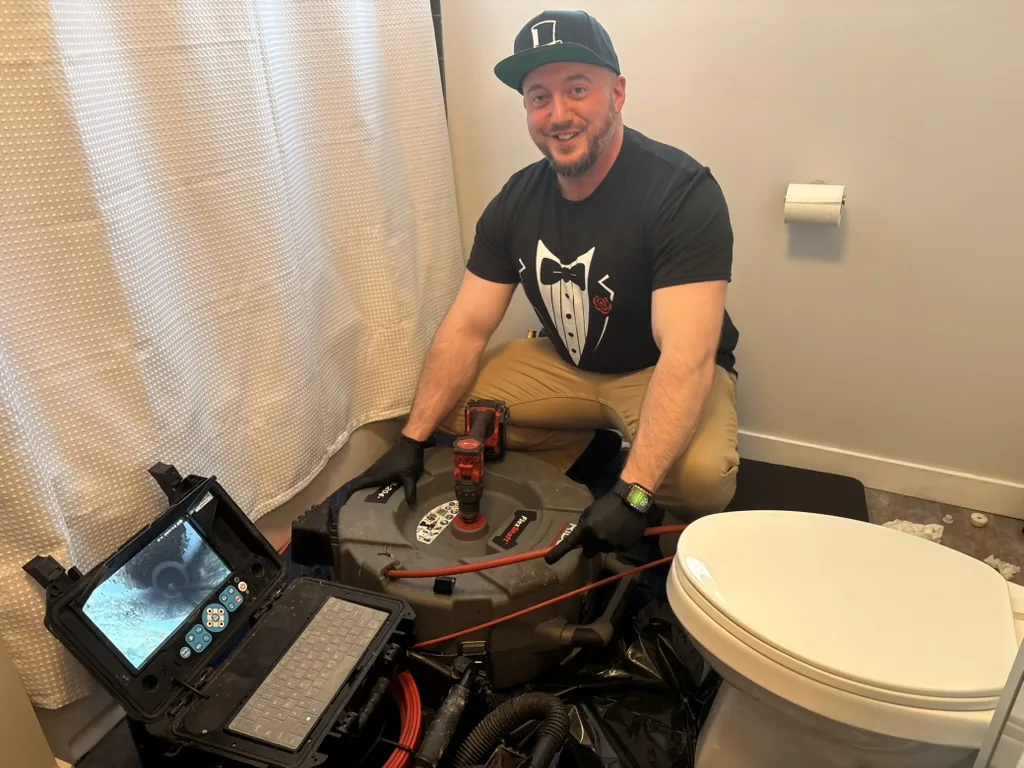 Gentlemen Plumbing technician with drain camera equipment beside a toilet in an Ottawa home.